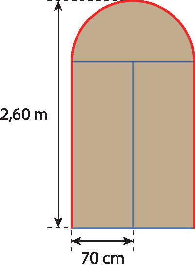 Ilustração. Porta retangular com parte superior semicircular. A altura da porta da base retangular até o topo é 2,60 metros. E metade da largura é 70 centímetros.