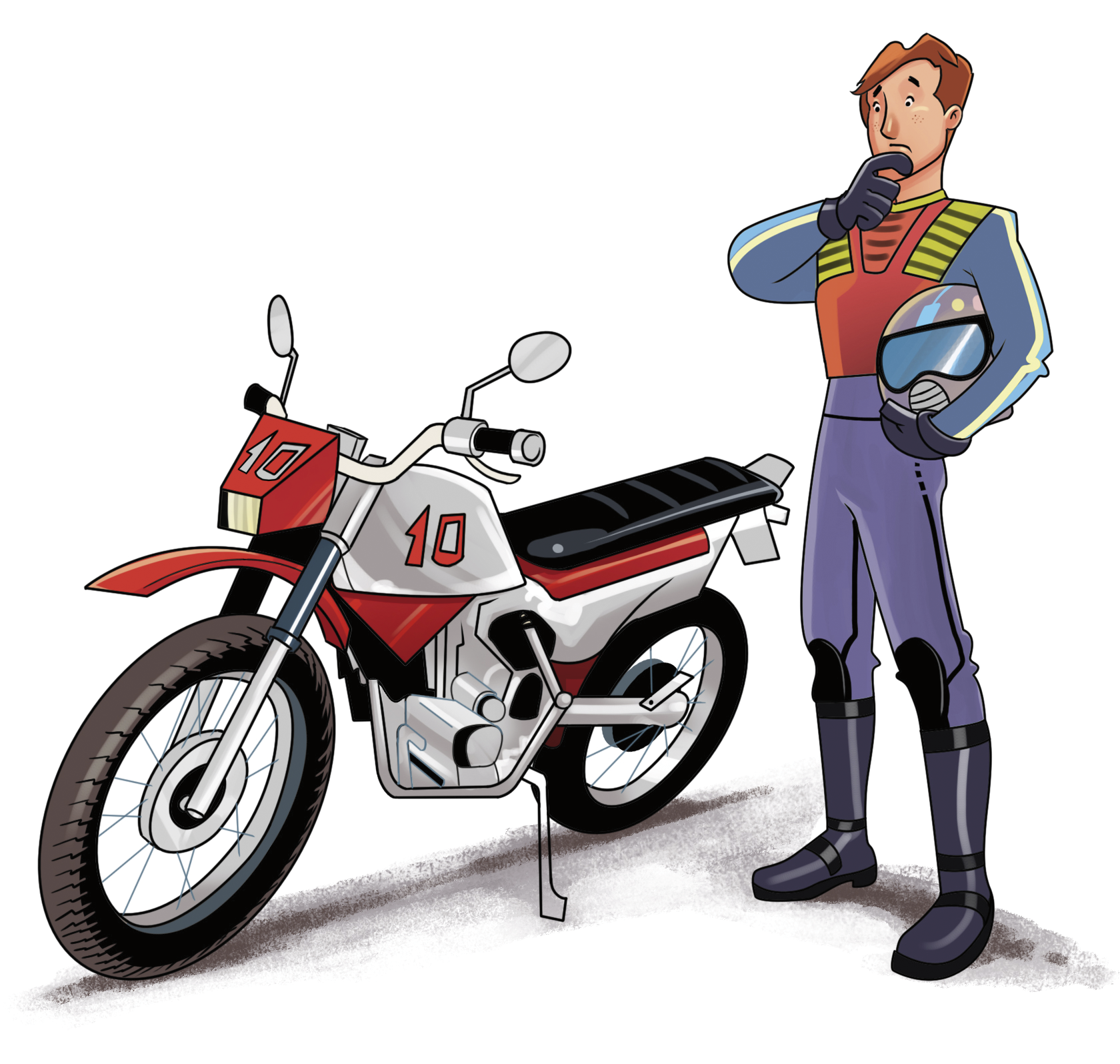 Ilustração. Homem de cabelo castanho, jaqueta, calça e botas. Ele está em pé segurando um capacete ao lado de uma moto vermelha.