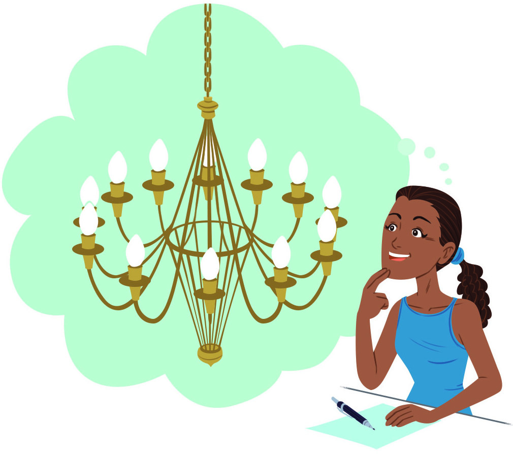 Ilustração. Lustre com 12 lâmpadas curvadas para cima. Ao lado, mulher de cabelo castanho e regata azul.