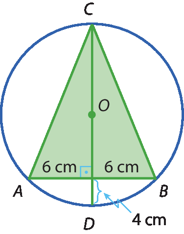 Ilustração. Circunferência. Triângulo ABC inscrito nela. No centro, ponto O.  Lado A B mede 6 centímetros do vértice A até o encontro desse lado com o diâmetro C D e mede 6 centímetros desse encontro até o vértice B. A parte do diâmetro C D fora do triângulo mede 4 centímetros. O diâmetro C D forma Ângulo reto com o lado A B.