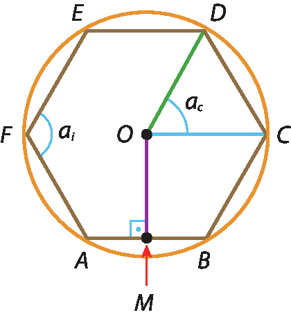 Ilustração. Circunferência de centro O com hexágono ABCDEF inscrito.   Segmento OM perpendicular ao lado AB. Triângulo de vértices OCD e ângulo a índice c em COD À esquerda, em F, ângulo a índice i.