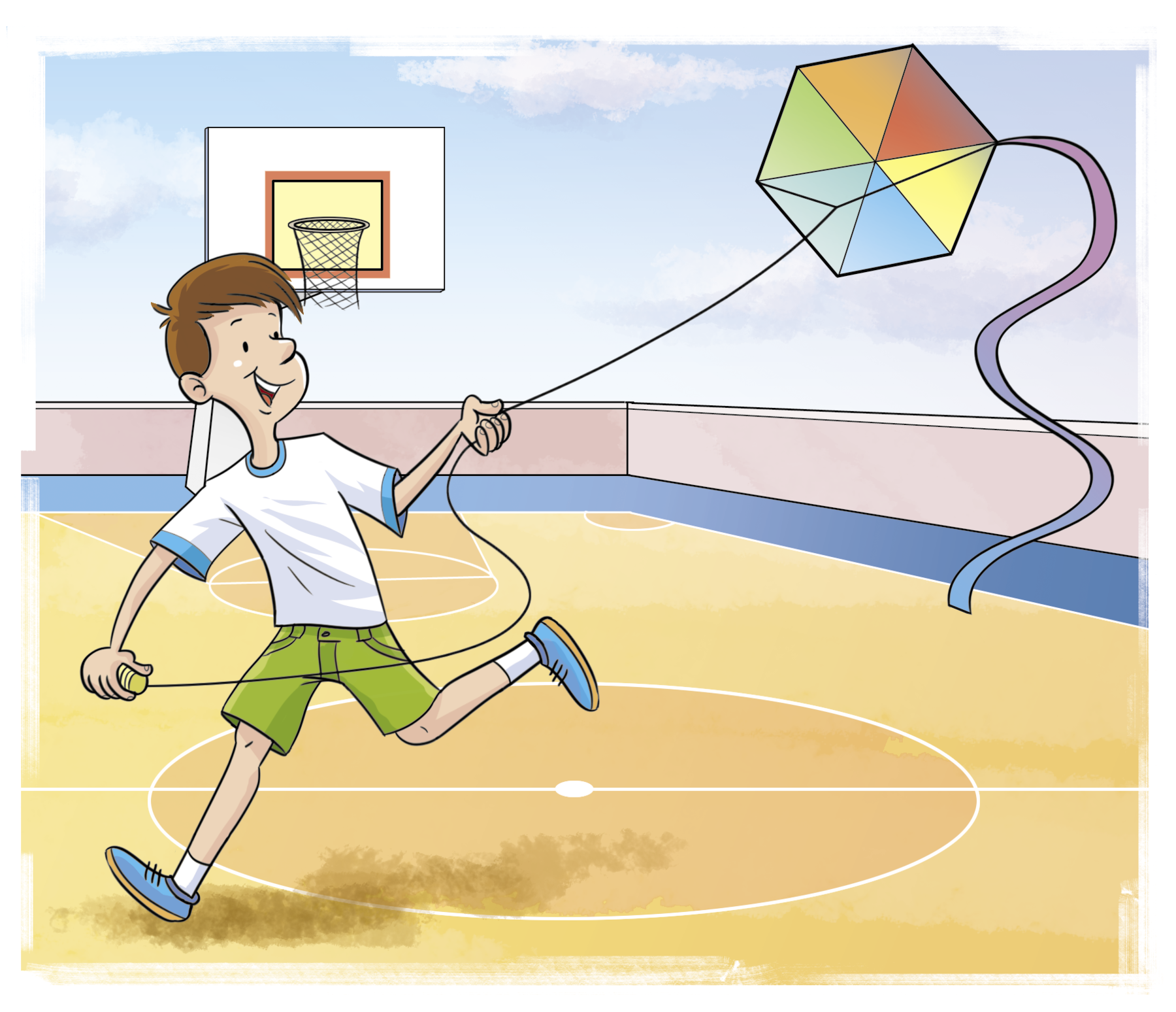 Ilustração. Menino branco, sorrindo, de cabelo castanho, camiseta branca e bermuda verde está correndo com uma pipa hexagonal colorida em uma quadra de basquete. Ao fundo, cesta de basquete.