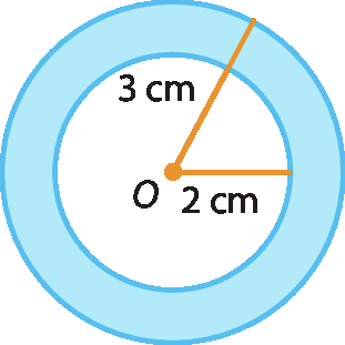 Ilustração. Duas circunferências concêntricas de centro O, sendo a menor com raio medindo 2 centímetros e a maior com raio medindo 3 centímetros. A coroa circular está pintada de azul.