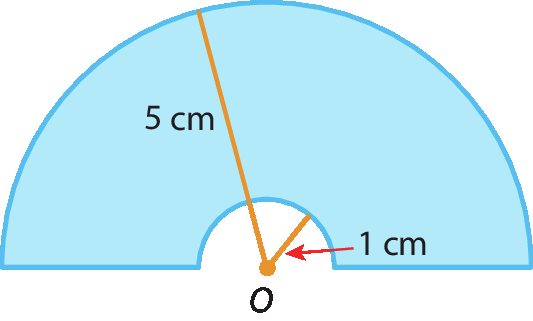 Ilustração. Metade de duas circunferências concêntricas com centro O, a menor tem raio 1 centímetro, a maior tem raio 5 centímetros. A metade da coroa circular está pintada de azul.