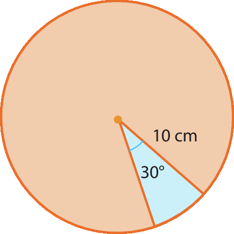 Ilustração. Círculo laranja com raio medindo 10 centímetros e com um setor circular destacado em azul, cujo ângulo central mede 30 graus.
