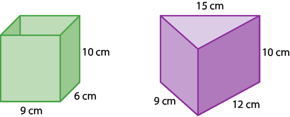 Ilustração. Recipiente em formato de prisma de base retangular com dimensões 9 centímetros de medida de largura, 6 centímetros de medida de comprimento e 10 centímetros de medida de altura. Ao lado, recipiente em formato de prisma de base triangular o triângulo da base tem medidas, 15 centímetros, 12 centímetros e 9 centímetros, a altura do recipiente mede 10 centímetros.