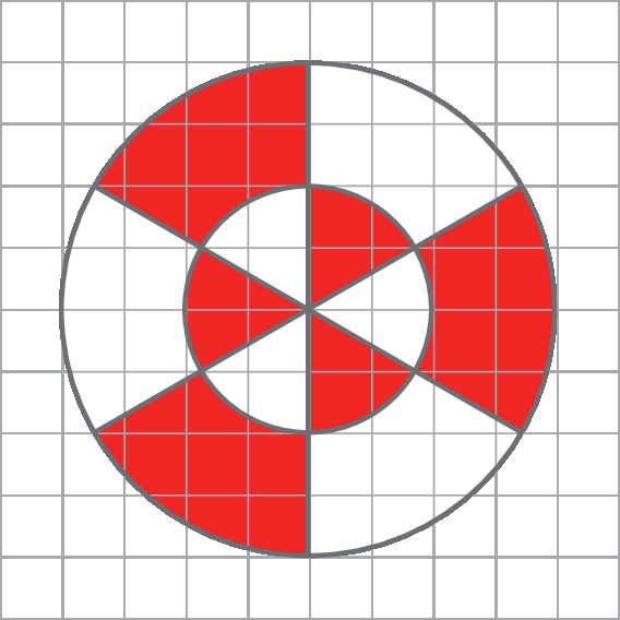 Ilustração. Malha quadriculada dividida em 10 linhas e 10 colunas com dois círculos concêntricos com centro no centro da malha quadriculada. Os círculos estão divididos em 6 partes iguais e intercaladas de vermelho e branco.