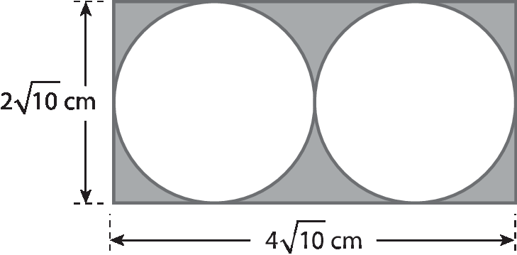Ilustração. Retângulo cinza com medida 2 vezes raiz quadrada de 10, fim da raiz, centímetros por 4 vezes raiz quadrada de 10, fim da raiz, centímetros. No interior do retângulo cinza dois círculos brancos de mesmo raio e tangentes entre si e entre o retângulo