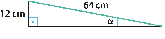 Ilustração. Triângulo retângulo com um cateto medindo 12 centímetros e a hipotenusa medindo 64 centímetros. Ângulo alfa formado pela hipotenusa e o outro cateto.