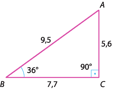 Ilustração. Triângulo retângulo ABC com ângulo de 36 graus em B e 90 graus em C. Medidas: AB: 9,5. BC: 7,7. AC: 5,6.