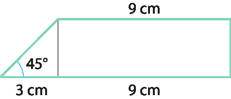 Ilustração. Trapézio retângulo cuja base menor mede 9 centímetros. Uma altura do trapézio é cateto do triângulo retângulo cuja hipotenusa é o lado inclinado do trapézio que forma um ângulo de 45 graus com a base maior. A base deste triângulo mede 3 centímetros.