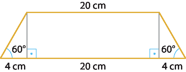 Ilustração. Trapézio isósceles, cujos ângulos da base maior medem 60 graus,  e cuja base menor mede 20 centímetros. .As duas alturas do trapézio estão tracejadas e formam triângulos retângulos cuja  a hipotenusa é um dos lados são paralelos do trapézio.