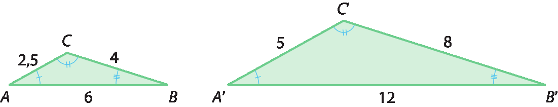 Ilustração. Triângulo ABC escaleno  O lado AC mede 2,5; o lado AB mede 6 e o lado BC mede 4. Ao lado, triângulo escaleno A linha B linha C linha. O lado A linha C linha mede 5, o lado A linha B linha mede 12, e  lado B linha C linha mede 8. O ângulo A é congruente ao ângulo A linha, o ângulo B é congruente ao ângulo B linha e o ângulo C é congruente ao ângulo C linha.