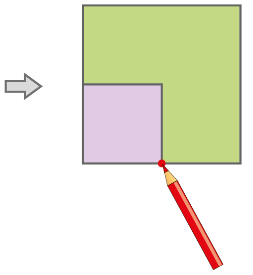 Seta para: quadrado grande verde com o quadrado roxo interno ao quadrado verde, no canto inferior esquerdo. Há um lápis na ponta do quadrado roxo, indicando a marcação deste ponto.