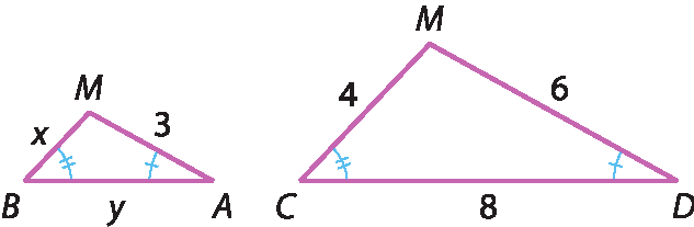 Ilustração. Triângulo escaleno ABM. O lado AB mede  y, o lado  BM mede x e o lado  AM mede 3. Ao lado. triângulo escaleno CDM. O lado  CD mede 8, o lado CM mede 4 e o lado DM mede 6. O ângulo B é congruente ao ângulo C, o ângulo A é congruente ao ângulo D.