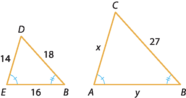 Ilustração. Triângulo escaleno BDE. O lado BD mede 18, o lado BE mede 16 e o lado DE mede 14. Ao lado, triângulo escaleno ABC, o lado AB mede y, o lado BC mede 27 e o lado AC mede x. O ângulo E é congruente ao ângulo A e o ângulo B é congruente ao ângulo B.