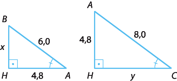 Ilustração. Triângulo retângulo ABH, retângulo em H, o lado AB mede 6,0; o lado AH mede 4,8 e o lado BH mede x. Ao lado, triângulo retângulo ACH, retângulo em H, o lado AC mede 8,0; o lado AH mede 4,8 e o lado  CH mede y. O ângulo HAB é congruente ao ângulo HCA.