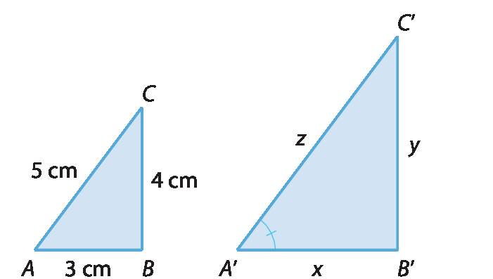 Ilustração. Triângulo retângulo ABC, retângulo em B. As medidas são: AB: 3 centímetros. BC: 4 centímetros. AC: 5 centímetros. Ilustração. Triângulo retângulo A linha B linha C linha, retângulo em B linha. As medidas são: A linha B linha: x. B linha C linha: y. A linha C linha: z. Destaque ângulo A linha.