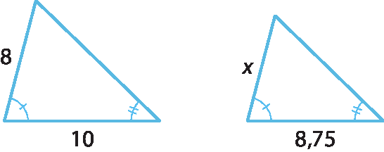 Ilustração. Triângulo cuja base mede 10, lado da esquerda mede 8, ângulos da base estão destacados. Ao lado, triângulo cuja base mede 8,75, lado da esquerda mede x, ângulos da base estão destacados.