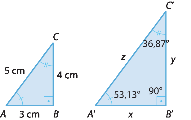 Ilustração. Triângulo retângulo ABC, retângulo em B. As medidas são: AB: 3 centímetros. BC: 4 centímetros. AC: 5 centímetros. Ilustração. Triângulo retângulo A linha B linha C linha, retângulo em B linha. As medidas são: A linha B linha: x. B linha C linha: y. A linha C linha: z. ângulos: A linha: 53,13 graus. B linha: 90 graus. C linha: 36,87 graus.
