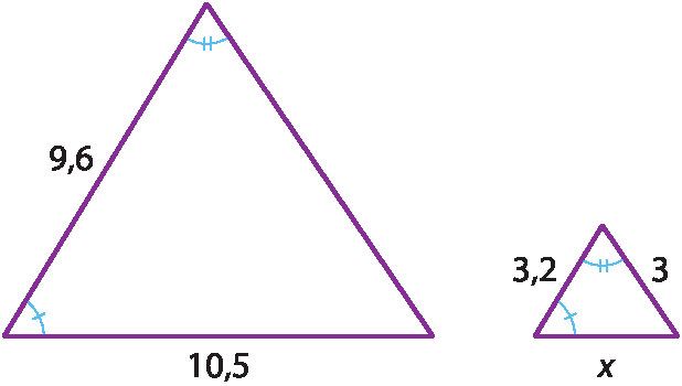 Ilustração. Triângulo cuja base mede 10,5 e o lado da esquerda mede 9,6, ângulo formado pela base e o lado da esquerda está destacado, ângulo oposto à base está destacado. Ao lado, triângulo cuja base mede x, o lado da esquerda mede 3,2 e o lado da direita mede 3. Ângulo formado pela base e o lado da esquerda está destacado, ângulo oposto à base está destacado.