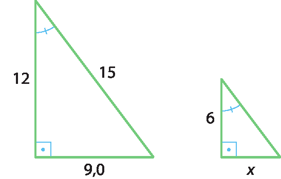 Ilustração. Triângulo retângulo de catetos de medida 12 e 9,0, e hipotenusa de medida 15.  Ao lado, triângulo retângulo de catetos medindo 6 e x.