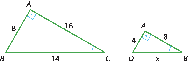 Ilustração. Triângulo retângulo ABC, retângulo em A, o cateto AB mede 8, o cateto AC mede 16 e a hipotenusa BC mede 14. Ao lado, triângulo retângulo ADB, retângulo em A, o cateto AD mede 4, o cateto AB mede 8 e a hipotenusa DB mede x. Ângulo ACB congruente ao ângulo ABD.