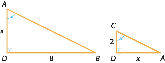 Ilustração. Triângulo retângulo ABD retângulo em D, cateto AD mede x, cateto DB mede 8. Ao lado, triângulo retângulo CDA, retângulo em D, cateto CD mede 2, cateto DA mede x.  ângulo DAB congruente ao ângulo DCA.