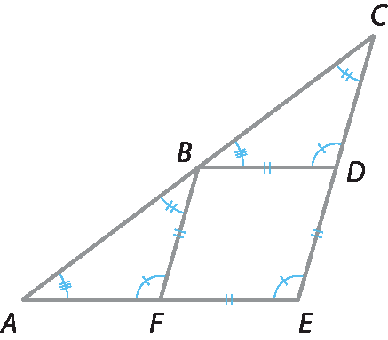 Ilustração. Triângulo ACE. Ponto D sobre o lado CE, ponto F sobre o lado AE, ponto B sobre lado AC, formando o quadrado BDEF. Destaque dos ângulos no triângulo BCD e dos ângulos no triângulo ABF.