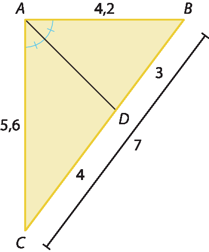 Ilustração. Triângulo ABC. Segmento AD que divide o ângulo A em dois ângulos de mesma medida.. As medidas são: AC: 5,6. AB: 4,2. CD: 4. DB: 3. BC: 7.