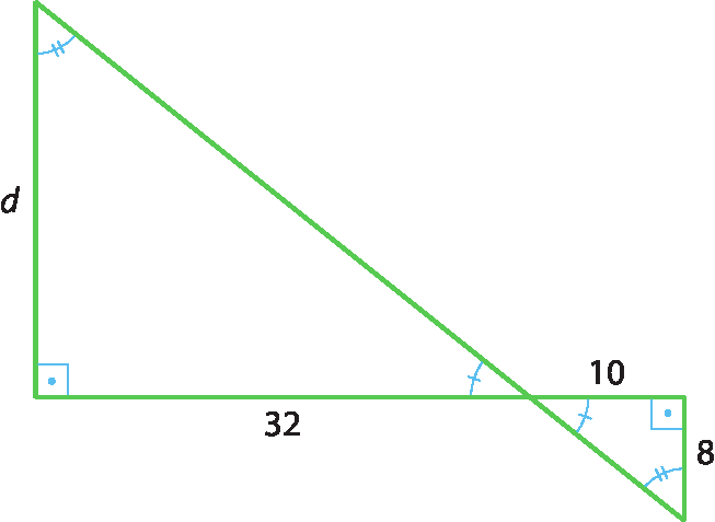 Ilustração. Triângulo retângulo de catetos com medida d e 32. Prolongando o cateto de emedida 32,  triângulo retângulo com cateto de medida 10, e o outro cateto de medida 8. Os dois trângulos tem um ângulo oposto pelo vértice.