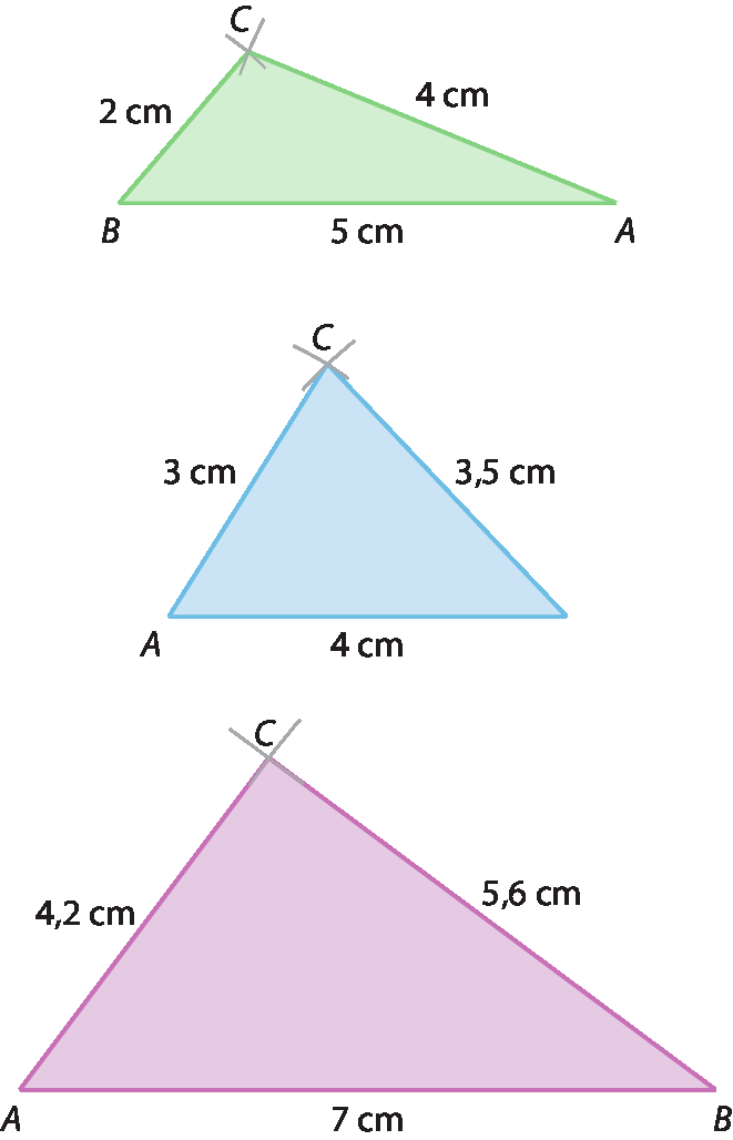 Ilustração. Triângulo escaleno ABC com lados AB medindo 5 centímetros, BC medindo 2 centímetros, AC medindo 4 centímetros.
Ilustração. Triângulo escaleno com vértices A e C indicados. AC mede 3 centímetros, o lado oposto ao vértice C mede 4 centímetros, e o lado oposto ao vértice A mede 3,5 centímetros.
Ilustração. Triângulo escalenos ABC com lados: AB medindo 7 centímetros, BC medindo 5,6 centímetros, AC medindo 4,2 centímetros.
