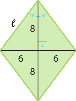 Ilustração. Losango com lado L. As diagonais estão traçadas, cada metade da diagonal maior mede 8, e cada metade da diagonal menor mede 6.