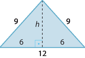 Ilustração. Triângulo isósceles, cujos lados congruentes medem 9. Está traçada a altura h em relação a base, dividindo a base em duas partes de medida igual a 6 cada uma; a base mede 12.