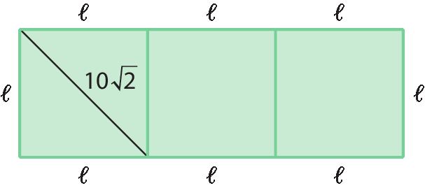 Ilustração. Três quadrados lado a lado, formando um retângulo. A medida de cada lado dos quadrados é L. Diagonal em um dos quadrados medindo 10 vezes raiz quadrada de 2.