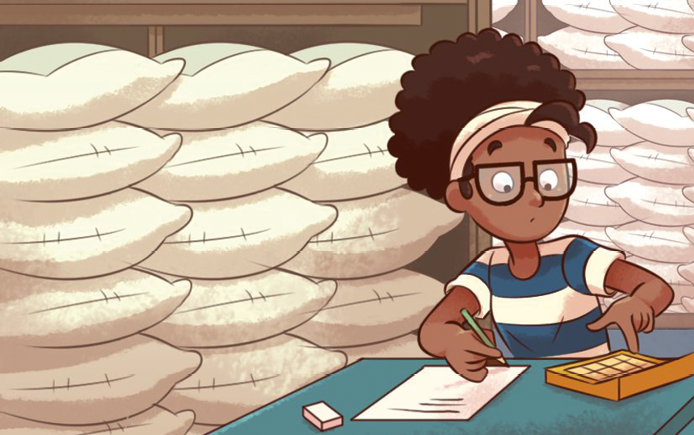 Ilustração. Mulher de cabelo escuro curto, faixa na cabeça, óculos e camiseta azul listrada. Ela está sentada de frente para uma mesa com uma calculadora e papel. Atrás dela, sacas de açúcar.