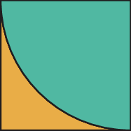 Ilustração. Quadrado com um quarto de circunferência verde e o restante do quadrado laranja.