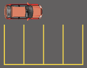 Ilustração. Quatro vagas na parte inferior e um carro vermelho acima na horizontal.
