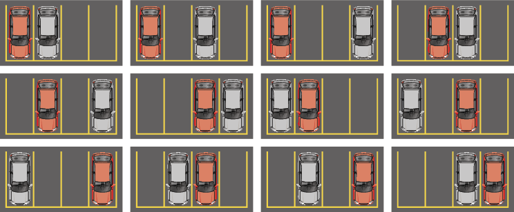 Ilustração. Doze combinações de 4 vagas com dois carros. 1ª combinação: carro vermelho na primeira vaga e carro cinza na segunda vaga. 2ª combinação: carro vermelho na primeira vaga e carro cinza na terceira vaga. 3ª combinação: carro vermelho na primeira vaga e carro cinza na quarta vaga. 4ª combinação: carro vermelho na segunda vaga e carro cinza na terceira vaga. 5ª combinação: carro vermelho na segunda vaga e carro cinza na quarta vaga. 6ª combinação: carro vermelho na terceira vaga e carro cinza na quarta vaga. 7ª combinação: carro vermelho na segunda vaga e carro cinza na primeira vaga. 8ª combinação: carro vermelho na terceira vaga e carro cinza na primeira vaga. 9ª combinação: carro vermelho na quarta vaga e carro cinza na primeira vaga. 10ª combinação: carro vermelho na terceira vaga e carro cinza na segunda vaga. 11ª combinação: carro vermelho na quarta vaga e carro cinza na segunda vaga. 12ª combinação: carro vermelho na quarta vaga e carro cinza na terceira vaga.