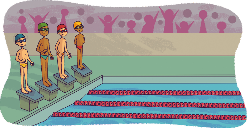 Ilustração. Quatro meninos em pé à frente de uma piscina com raias vermelhas.