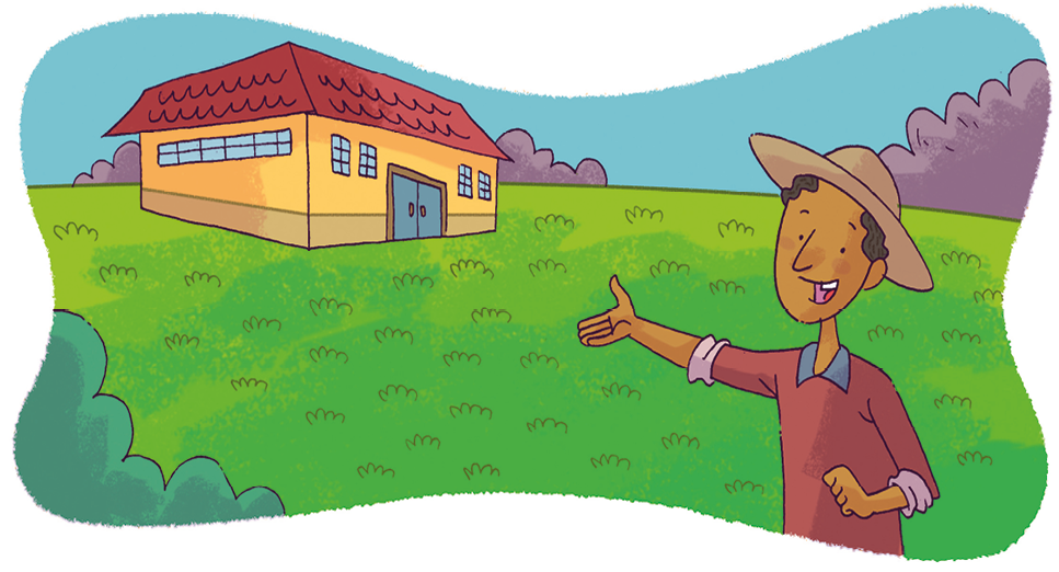 Ilustração. Homem de chapéu e camisa vermelha está com o braço esticado em direção a uma casa amarela de telhado vermelho sobre área gramada.