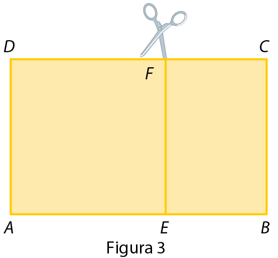 Ilustração. Figura 3. Retângulo amarelo ABCD, com segmento EF destacado. Uma Tesoura indica o recorte no segmento EF.