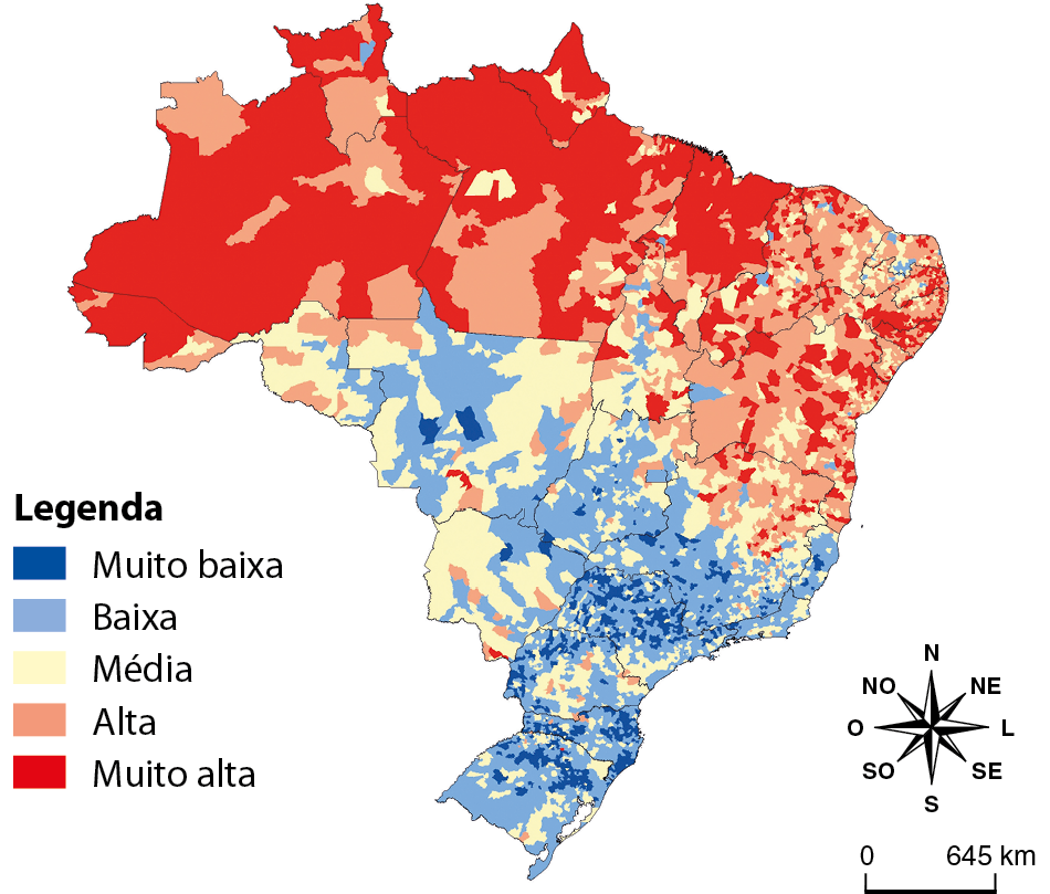 Mapa. O mapa mostra o Brasil e a legenda indica as seguintes informações: azul escuro, muito baixa: predomina em pequena parte do sul, sudeste e centro-oeste. Azul claro, baixa: predomina em grande parte do centro-oeste, sudeste e sul. Amarelo, baixa: predomina em pequena parte do centro-oeste, sudeste, sul e nordeste. Laranja, alta: predomina em parte do norte e nordeste. Vermelha, muito alta: predomina em grande parte do norte e nordeste. No canto inferior direito, rosa dos ventos e escala de 0 a 645 quilômetros.