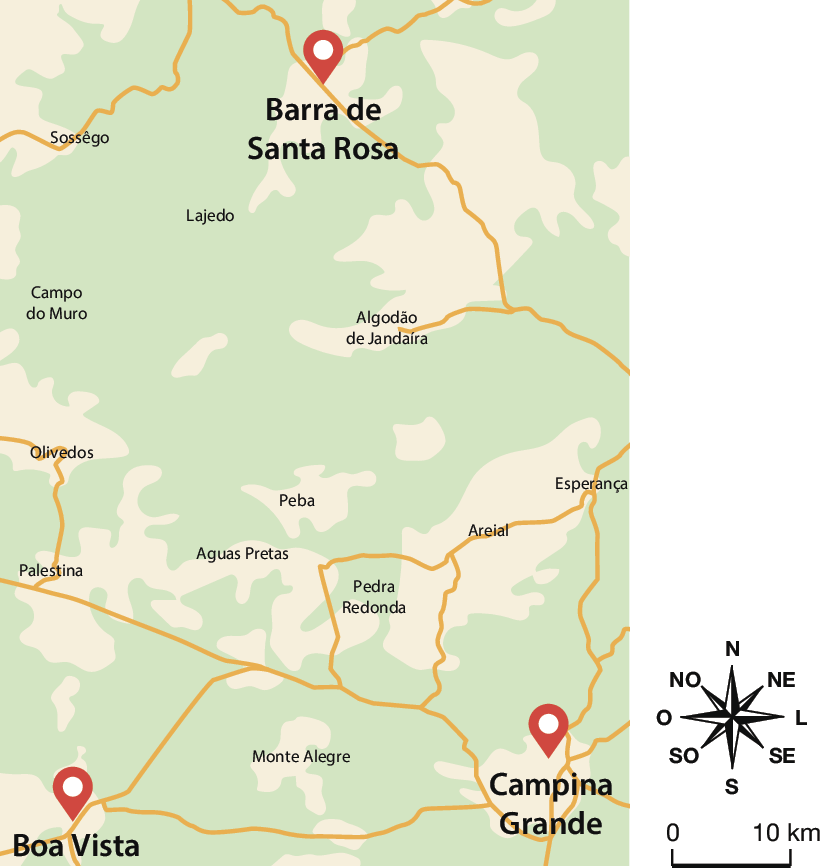 Mapa. Municípios paraibanos de Campina Grande, Barra de Santa Rosa e Boa Vista. O mapa indica com ponto de localização o município de Santa Rosa na parte superior. Na parte inferior esquerda, Boa Vista e À direita, Campina Grande. Linhas amarelas ligam os municípios e regiões entre elas. No canto inferior direito, rosa dos ventos e escala de 0 a 10 quilômetros.