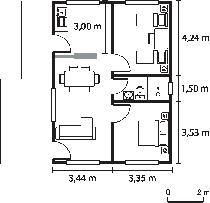Ilustração. Planta de uma casa. Acima à esquerda, cozinha com largura de 3 metros e dormitório à direita com largura de 4,24 metros. À direita, abaixo, banheiro com largura de 1,5 metros e abaixo dormitório com largura de 3,35 metros e comprimento de 3,53 metros. À esquerda. sala com comprimento 3,44 metros, a sala está abaixo da cozinha.