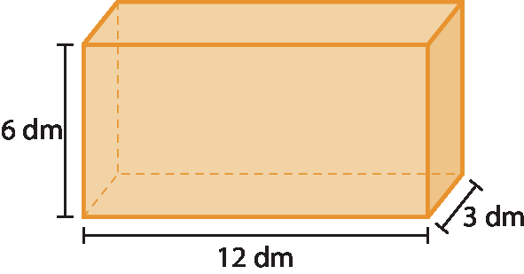 Ilustração. Bloco retangular com as medidas: 6 decímetros de altura, 12 decímetros de comprimento e 3 decímetros de largura.