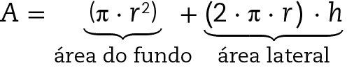 A igual a abre parênteses pi vezes r elevado ao quadrado, fecha parênteses, mais, abre parênteses, 2 vezes pi vezes r, fecha parênteses, vezes h, sendo abre parênteses pi vezes r elevado ao quadrado, fecha parênteses, área do fundo; e abre parênteses, 2 vezes pi vezes r, fecha parênteses, vezes h, área lateral