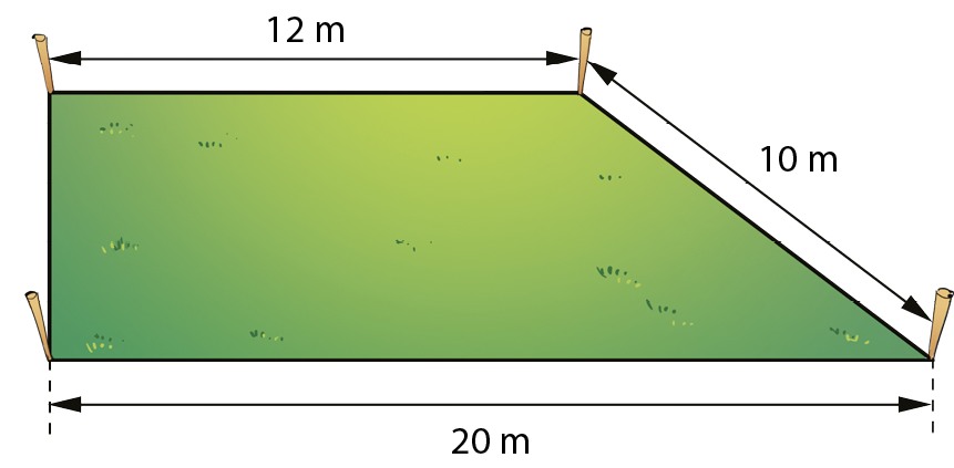 Ilustração. Terreno em formato de trapézio retângulo. As medidas são: base menor: 12 metros; um dos lados não paralelos: 10 metros; base maior 20 metros.