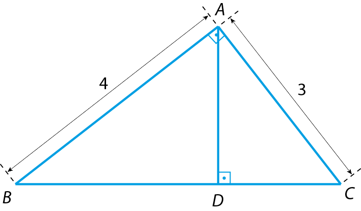 Ilustração. Triângulo ABC. Em A, reta vertical até lado BC, ponto D. A medida AB é 4 e AC: 3.