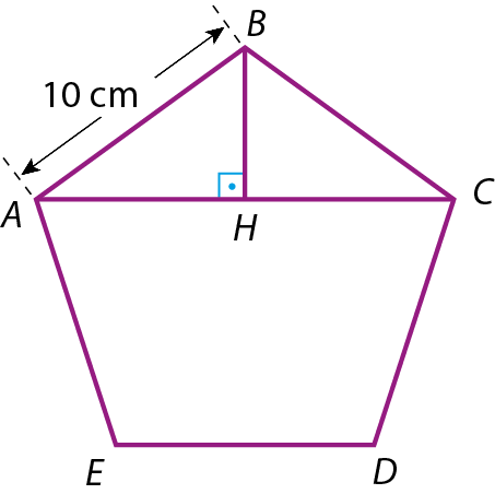 Ilustração. Pentágono ABCDE, indicado também segmento AC e um segmento perpendicular à ele, de B até AC no ponto H. Medida de AB: 10 centímetros.